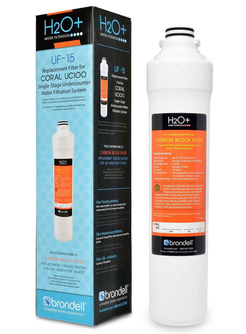 UF-15 Carbon Block Water Filter Replacement For Coral UC100 Under Sink Filtration System next to packaging box