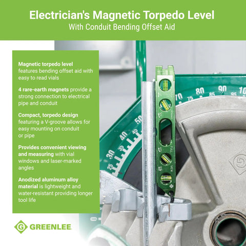 Magnetic Torpedo Level For Electricians With Conduit Bending Offset Aid and Rare Earth Magnets on metal conduit