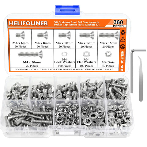 Heavy Duty 304 Stainless Steel M4 Fastener Kit displaying 360 pieces of screws, nuts, and washers in a clear storage box.