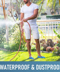 Man watering lawn wearing Disposable Shoe Covers For Indoors Pack Of 200 100 Pairs Non Slip Waterproof Durable CPE Material