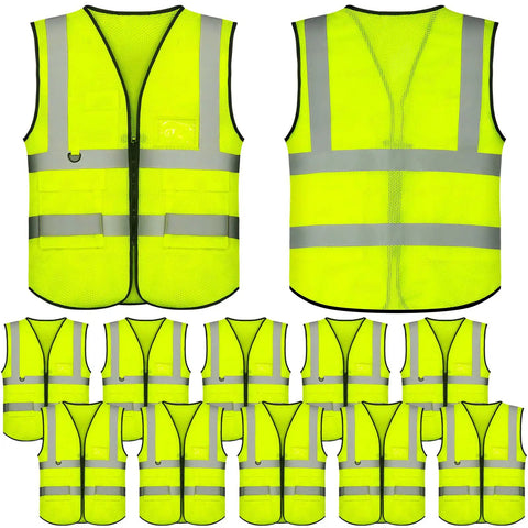 Heavy Duty Reflective Safety Vests Twenty Pack Zippered Mesh Top With Deep Pockets For The Daily Grind And Road Crews shown in bright fluorescent color.
