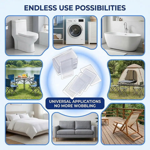 10 Pack Adjustable Furniture Levelers And Flexible Shims To Knock Out Pesky Wobbles On Couches Tables And Uneven House Floors With Strong Nonslip Grip Design in various settings.