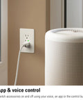 Matter Enabled Smart Outlet 3 Pack With Power Meter, App And Voice Control installed on beige wall near air purifier.