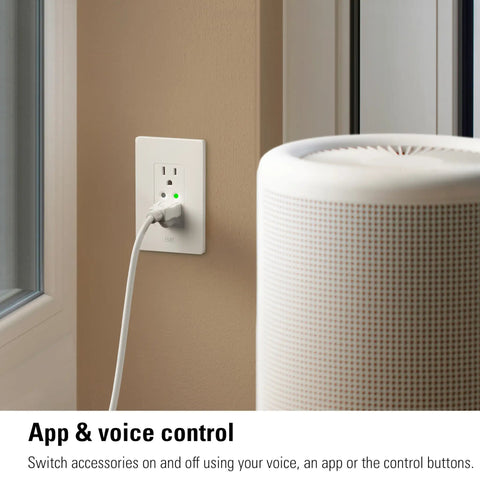Matter Enabled Smart Outlet 3 Pack With Power Meter, App And Voice Control installed on beige wall near air purifier.