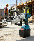 Powerful 800Nm Brushless Cordless Rebar Threader And Steel Bar Cutter on construction site with workers in background.