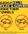 Label showing mole and gopher with no signs, text highlighting effectiveness of Outdoor Mole And Gopher Poison Peanut Bait 4 Pack