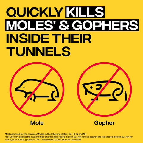 Label showing mole and gopher with no signs, text highlighting effectiveness of Outdoor Mole And Gopher Poison Peanut Bait 4 Pack