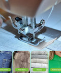 Sewing machine using Six Piece Hump Jumper Sewing Tool Kit demonstrating seam on denim and fabric examples for thick hems.