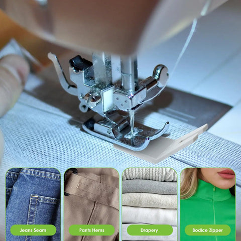 Sewing machine using Six Piece Hump Jumper Sewing Tool Kit demonstrating seam on denim and fabric examples for thick hems.