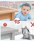 Image comparing Rock Solid Clear Corner Protectors For Baby Proofing with safe baby and crying baby by sharp corner.