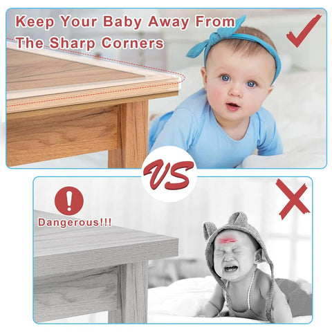 Image comparing Rock Solid Clear Corner Protectors For Baby Proofing with safe baby and crying baby by sharp corner.