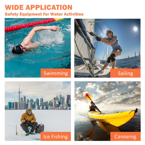 Collage of water activities: swimming, sailing, ice fishing, canoeing, illustrating usage of Rescue Throw Bag With 8mm Floating Rope