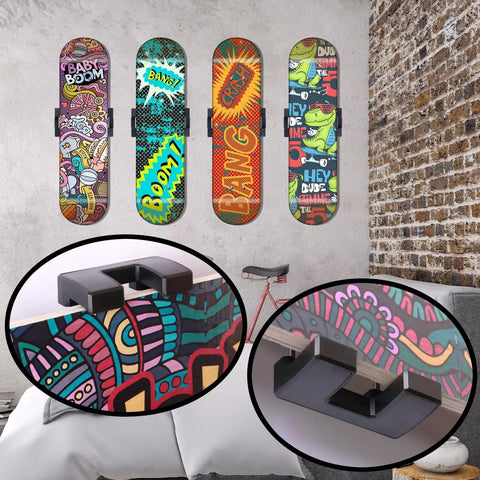 Skateboard Wall Mount 360 Degree Rotatable Floating Display Hanger For Any Skater, with extendable clips on colorful boards