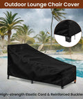 Heavy Duty Chaise Lounge Covers 2 Pack With Storage Bag Buckles And Drawstring Waterproof And UV Resistant All Season Outdoor Lounge Chair Covers 82 Inch Long By 29 Inch Wide By 31 Inch High covering a poolside lounge chair with a close-up of buckles and drawstring.