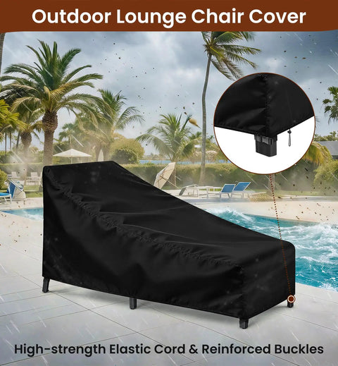 Heavy Duty Chaise Lounge Covers 2 Pack With Storage Bag Buckles And Drawstring Waterproof And UV Resistant All Season Outdoor Lounge Chair Covers 82 Inch Long By 29 Inch Wide By 31 Inch High covering a poolside lounge chair with a close-up of buckles and drawstring.