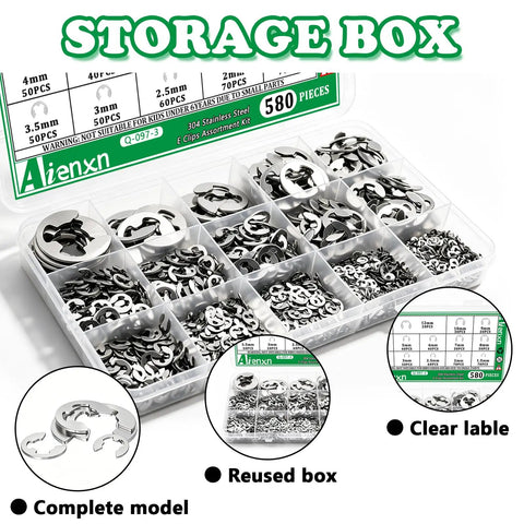 580 Piece E Clip Assortment Kit With 14 Sizes External Retaining Rings 1.5mm To 15mm Durable 304 Stainless Steel Snap Ring Set