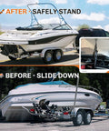 Image showing boat on trailer secured with Heavy Duty Boat Trailer Transom Tie Down Straps 1200 Lbs Capacity, illustrating stability before and after use.