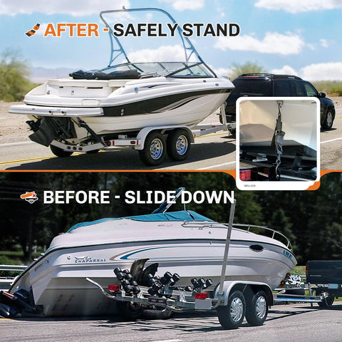 Image showing boat on trailer secured with Heavy Duty Boat Trailer Transom Tie Down Straps 1200 Lbs Capacity, illustrating stability before and after use.