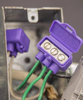 Close-up of AlumiConn Wire Connectors 2500 Pack Purple Electrical Aluminum Copper Wiring Repair Kit in a junction box.
