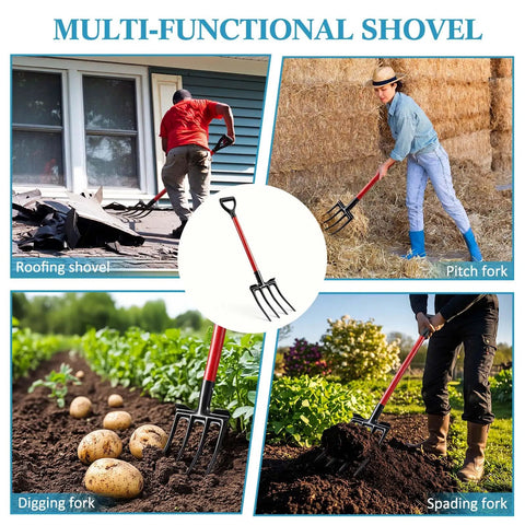 Knock Down Any Roof Job With This Pro Grade Two Pack Four Tine Tear Off Tool And Garden Spading Fork Sporting A Thick D Grip Handle for versatile outdoor tasks.