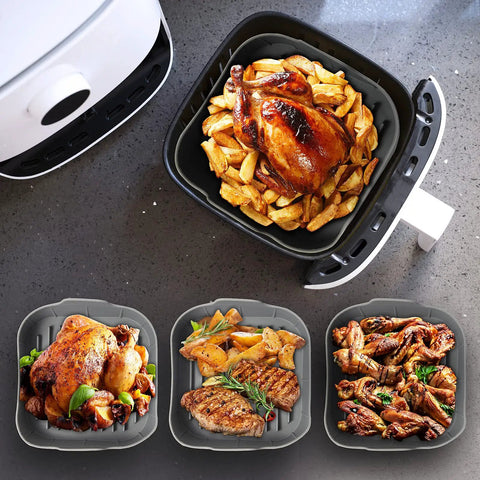 Air Fryer Silicone Pot Set For 8 Qt Dual DZ201 DZ401, 2 Pack Reusable Liners with cooked food