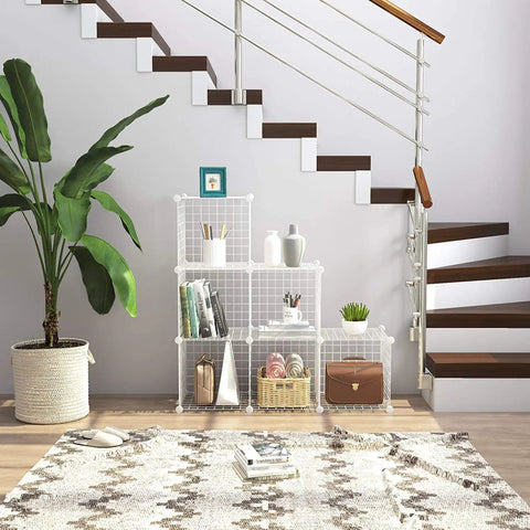 Six Cube Wire Storage Organizer With Metal Grid Shelves, Modular Cube Units in home under staircase with decor items