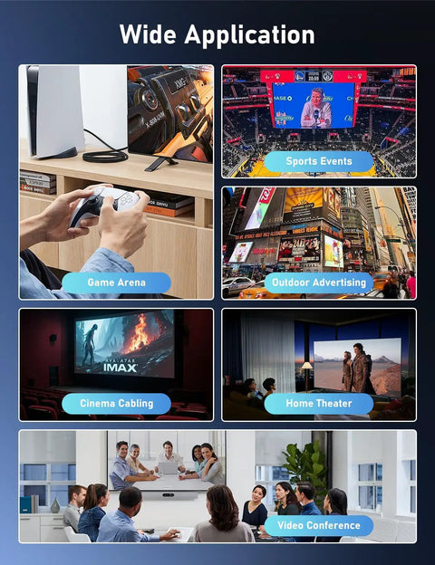 Wide application of Ultimate Eight K Fiber Optic HDMI Two Point One Cable Fifty Feet Long for gaming, cinema, and video conferences.