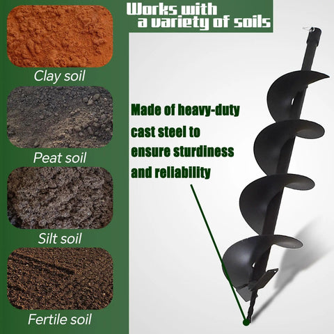 6 Inch Auger Bit For Pneumatic Or Cordless Drills, Column Fence Digger And Soil Drill Bit with samples of clay, peat, silt, and fertile soil
