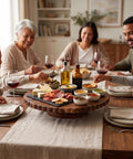 Family gathering enjoying snacks on 13 Inch Acacia Wood Cake Stand With Lazy Susan Rotating Turntable Decorator Choice.