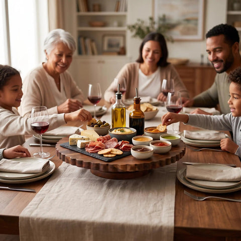 Family gathering enjoying snacks on 13 Inch Acacia Wood Cake Stand With Lazy Susan Rotating Turntable Decorator Choice.