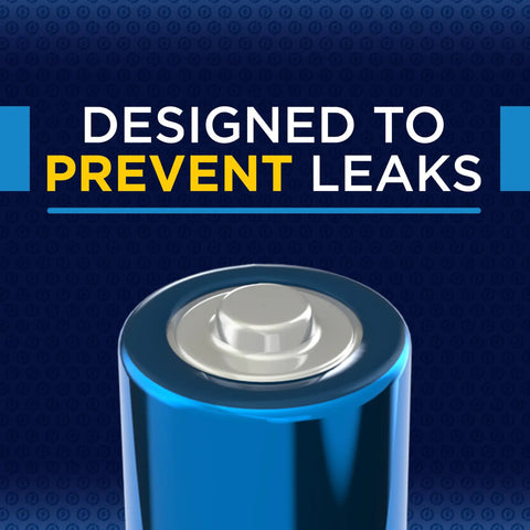 Close-up of High Energy AA Batteries 48 Pack Alkaline Double A Power For Toys Flashlights Remotes And More, leak prevention feature.
