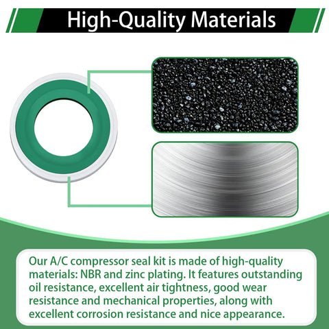 High-quality materials of 120 Piece AC Compressor Seal Washer Kit with NBR and zinc plating, showing green seal and textures.