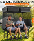 Two Person Camping Chair With Canopy Shade, Oversized Heavy Duty Loveseat, Black, two men seated outdoors with drinks