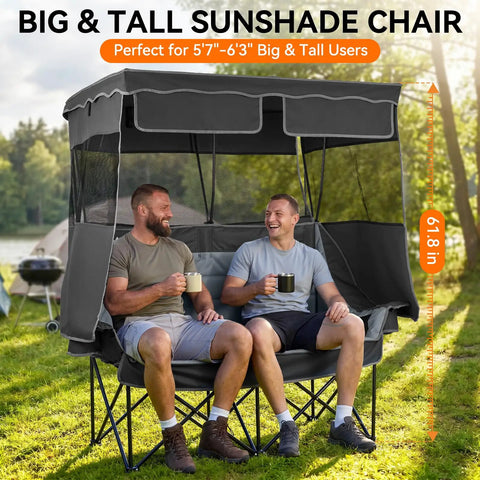 Two Person Camping Chair With Canopy Shade, Oversized Heavy Duty Loveseat, Black, two men seated outdoors with drinks