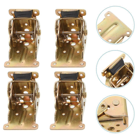 4 Pc Foldable Self Lock Metal Table Leg Hinges Set with SPCC material golden finish, close-up details shown