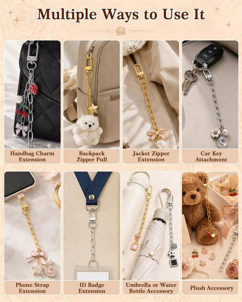 Multiple uses of 30 Piece Silver Keychain Making Kit With Swivel Snap Hooks And Lobster Clasps on bags, keys, and accessories.