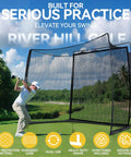 Golfer using Indoor Outdoor Golf Cage With Impact Screen 10x8 Ft Hitting Net on green lawn, showing sturdy frame and netting.
