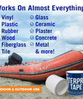 Heavy Duty Marine Grade Leak Stopping Tape, 15 Ft By 4 In, Waterproof Patch For Pools Showers Roofs RVs And More beside an orange boat on beach