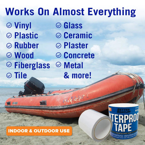 Heavy Duty Marine Grade Leak Stopping Tape, 15 Ft By 4 In, Waterproof Patch For Pools Showers Roofs RVs And More beside an orange boat on beach