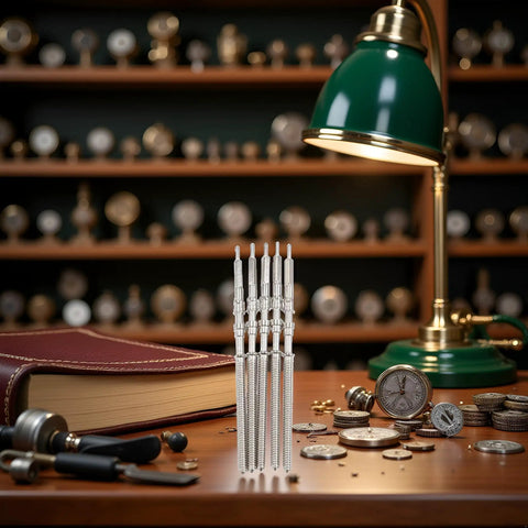 5 Piece Silver Watch Stem Crown Kit For NH35 NH36 NH38 NH39 Movements on wooden desk with vintage watch backdrop