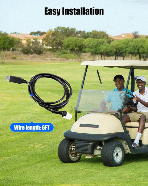 Custom Tuning USB Cable For 6 Foot Electric Golf Carts showcasing 6ft cable on a golf course with two men in a cart.
