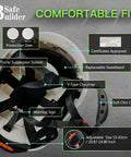 Interior view of a white safety helmet showing 6-point suspension system, adjustable size 53-63 cm, and labels.