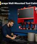 Heavy Duty Wall Mounted Power Tool Organizer With Integrated Charging Station And Six Outlet Strips, Insanely Solid Metal Garage Cabinet Keeping Your Drills Locked Tight, No-Sweat Setup Slick Gear Hub For Garage Bliss, red cabinet with tools.