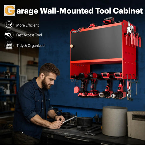 Heavy Duty Wall Mounted Power Tool Organizer With Integrated Charging Station And Six Outlet Strips, Insanely Solid Metal Garage Cabinet Keeping Your Drills Locked Tight, No-Sweat Setup Slick Gear Hub For Garage Bliss, red cabinet with tools.