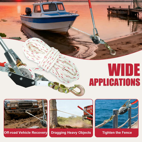 Front view of YATOINTO rope puller come-along winch with steel frame, white rope, dual hooks for moving boats.
