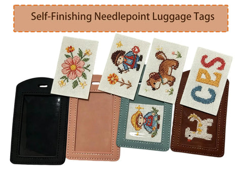 Four Pack No Fuss Needlepoint Luggage Tags Featuring Slick Faux Leather Shell And Crystal Clear Id Window displaying colorful stitched designs.