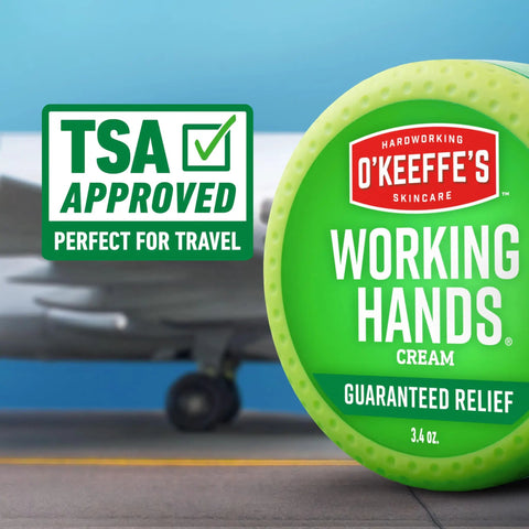 Working Hands Hand Cream For Extreme Dryness Heavy Duty Moisturizer 3.4 Oz Jar next to TSA approved travel sign