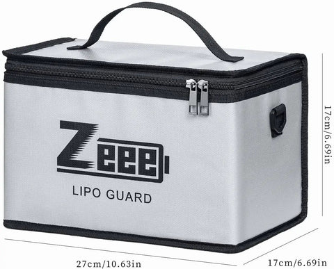 Heavy Duty LiPo Battery Safe Bag for Storage and Charging, Large Capacity Fireproof Pouch, 10-Cell Adjustable, side view with handle