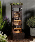 Four Tier Outdoor Water Fountain With LED Lights And Pump, 40.9 Inch Freestanding Cascading Waterfall, Weather Resistant Brown Resin
