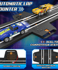 Epic Slot Car Race Track Set With Two High Speed Cars Battery Or Electric Powered Dual Lane Raceway With Lap Counter visible.